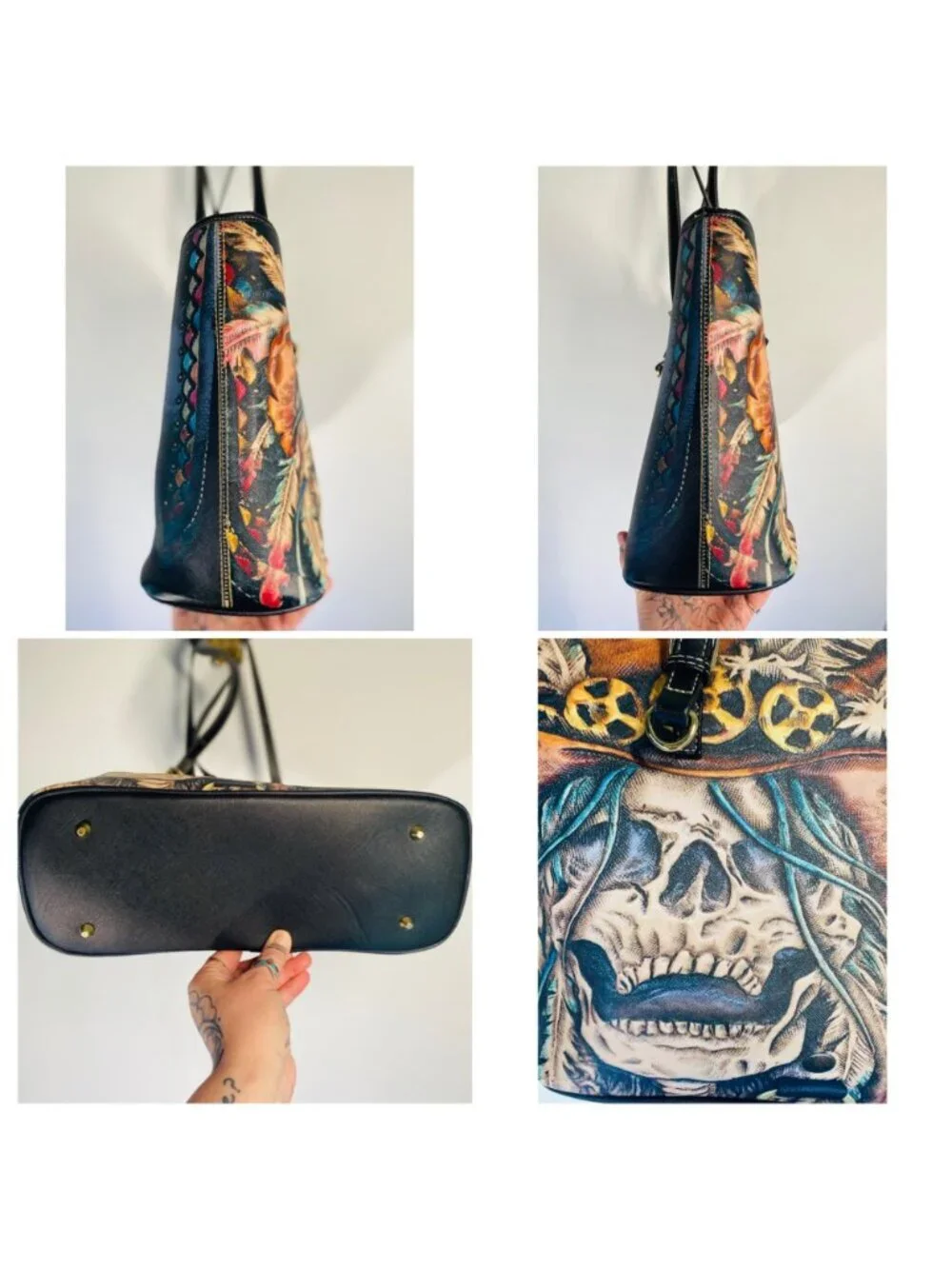Skull Graphic Faux Leather Tote Bag With Adjustable Straps & Inner Pockets